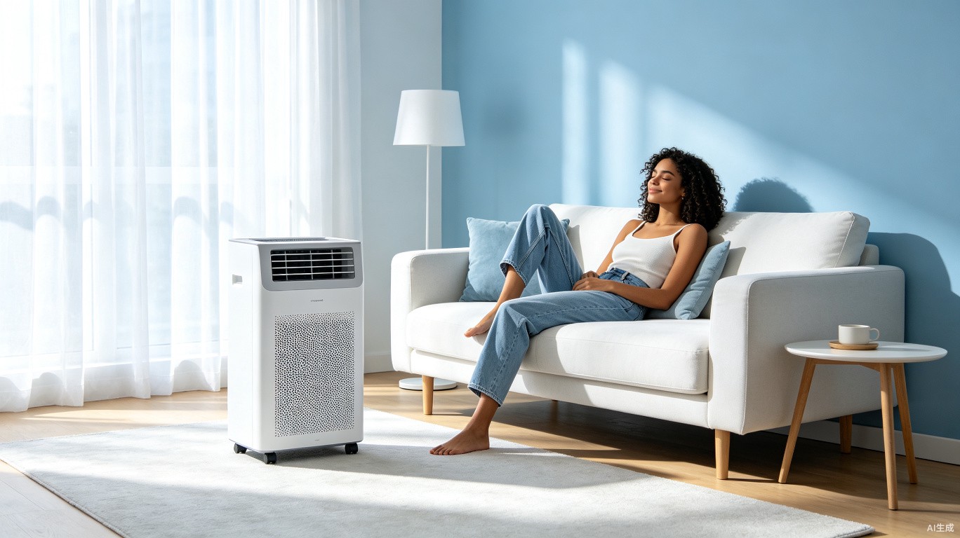 CoolCove portable air conditioner in a bright modern living room